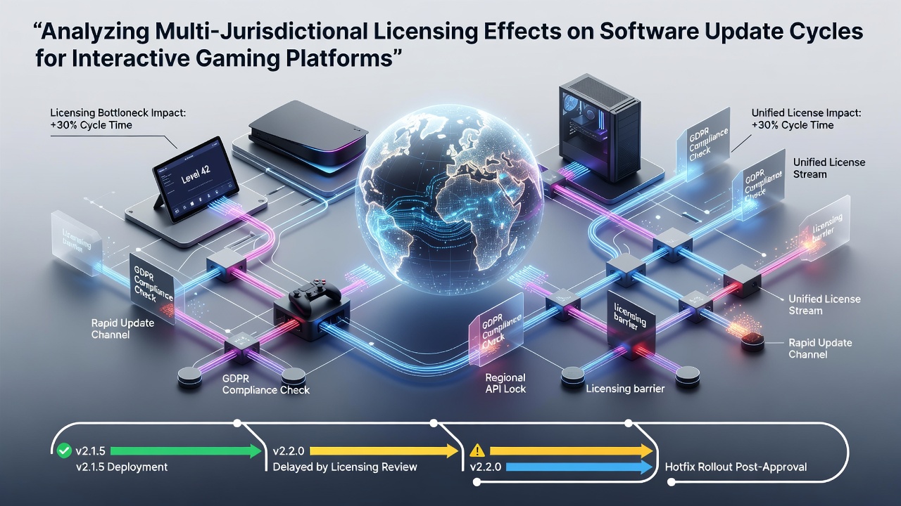 Interactive gaming platforms showing software update interfaces across multiple devices and regions