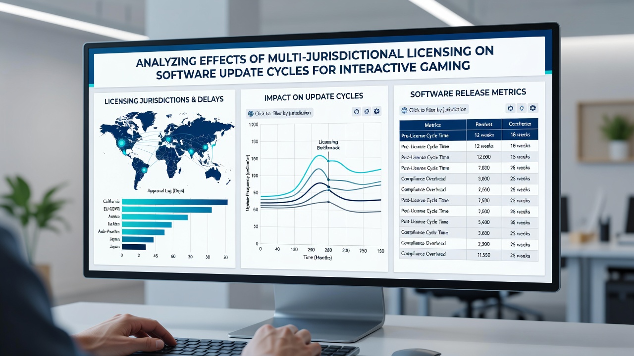 Developers reviewing compliance checklists and regional licensing documents for gaming software updates