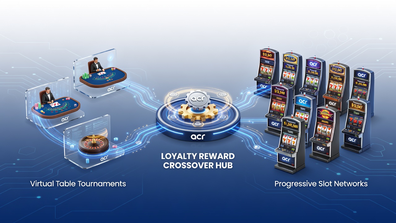 Network diagram showing loyalty points moving from table tournaments to progressive slot meters