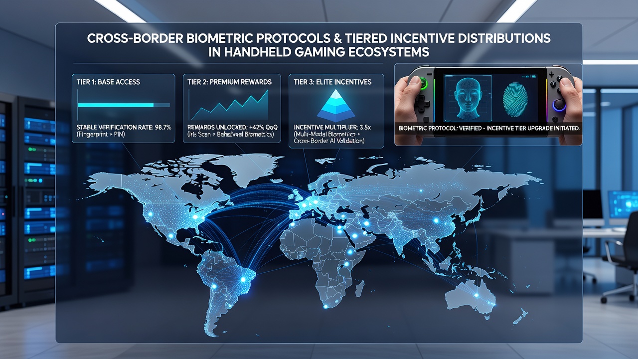 Data flow diagrams illustrating biometric verification linking player tiers across handheld gaming platforms