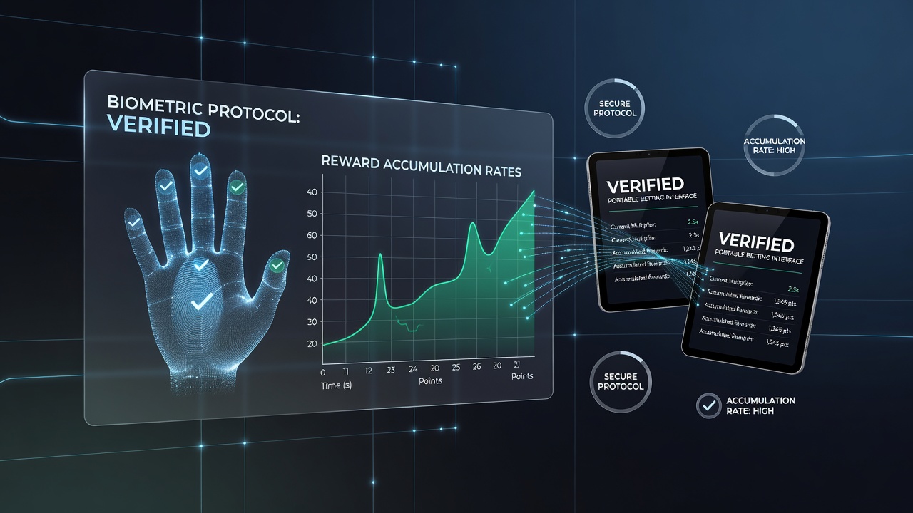 Biometric authentication interface on a verified mobile betting app showing fingerprint and facial recognition options alongside reward tracking dashboard