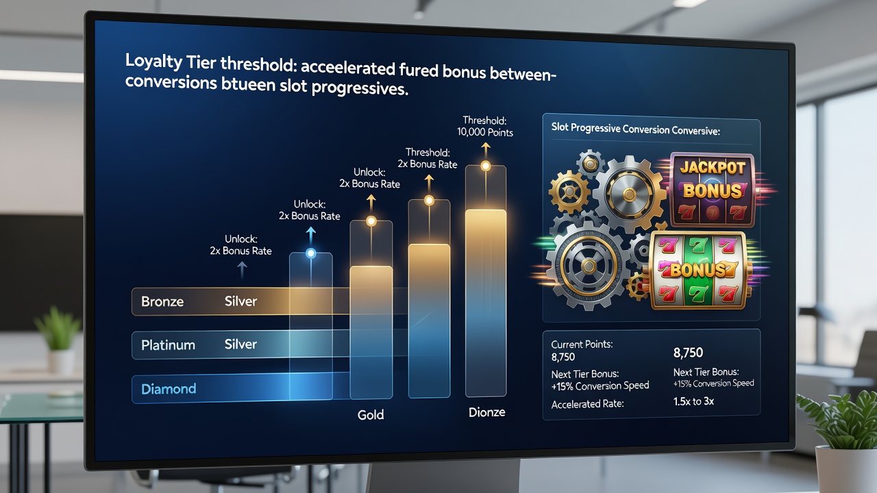 Split screen view of a loyalty dashboard with tier progress bar next to live dealer table and progressive slot displays