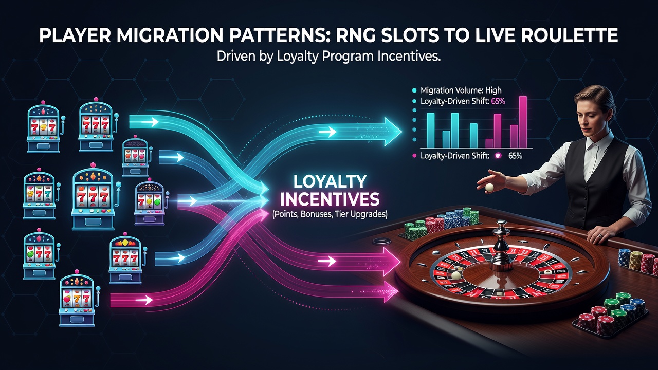 Analytics dashboard displaying player migration trends from slots to live roulette at loyalty tier milestones