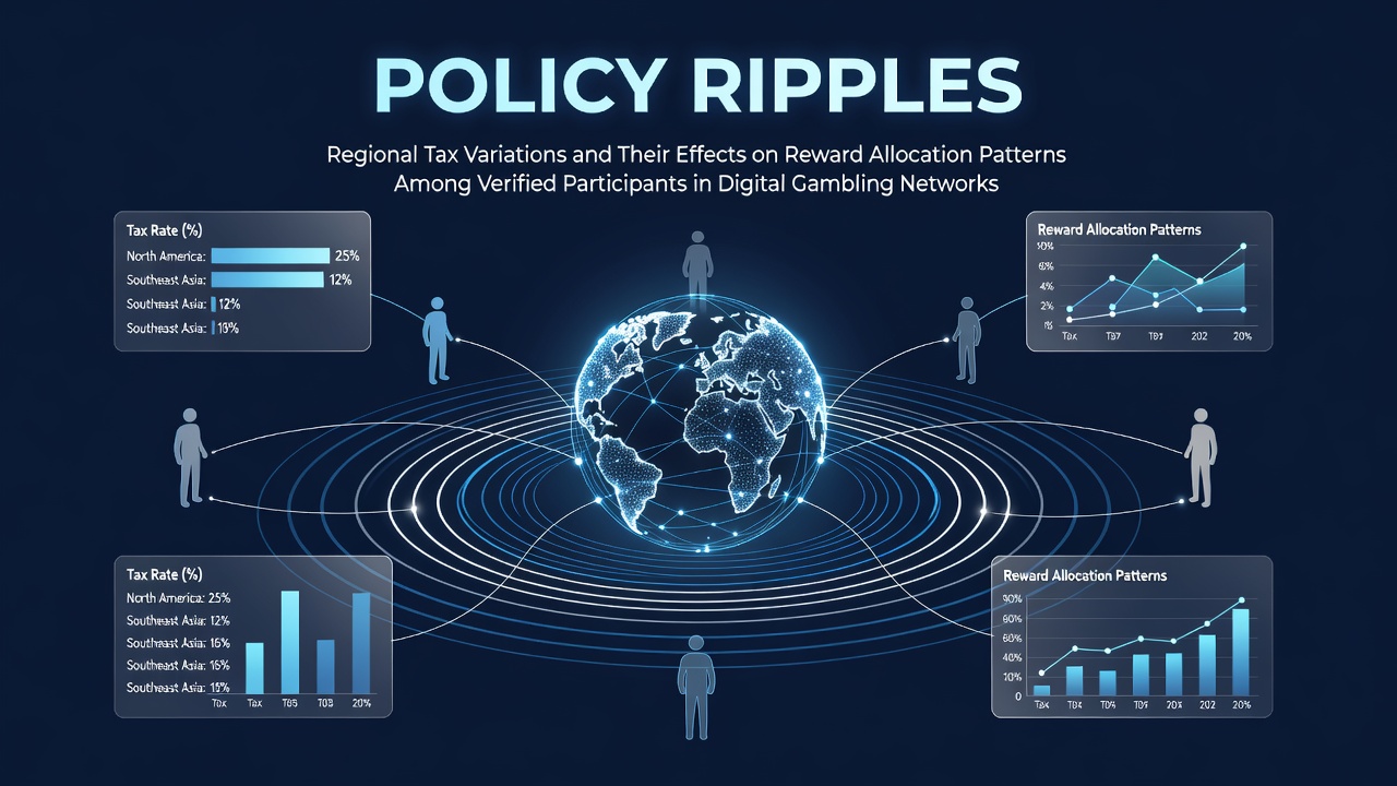 Regional tax policy charts overlaid on digital gambling network interfaces showing reward distribution flows