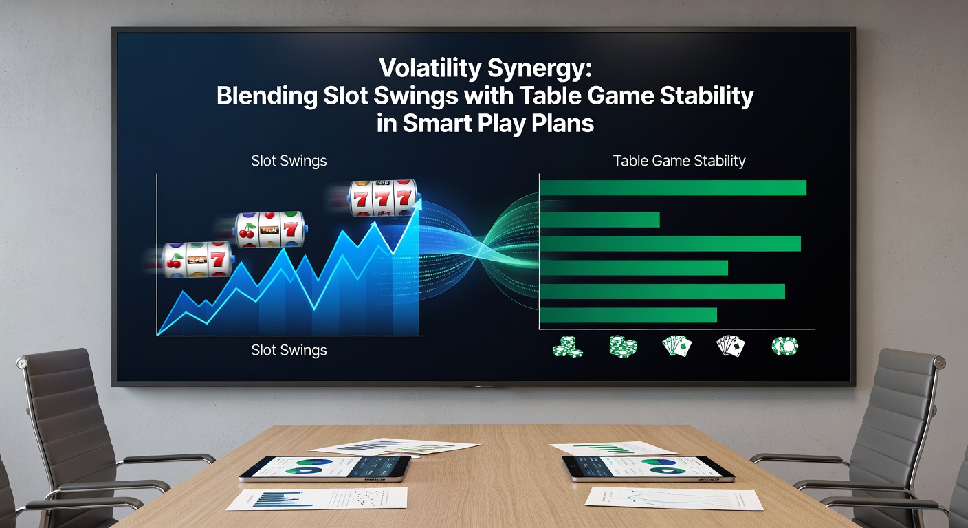 Infographic depicting a player's bankroll graph: jagged slot peaks smoothed by flat table game plateaus, highlighting volatility synergy in action